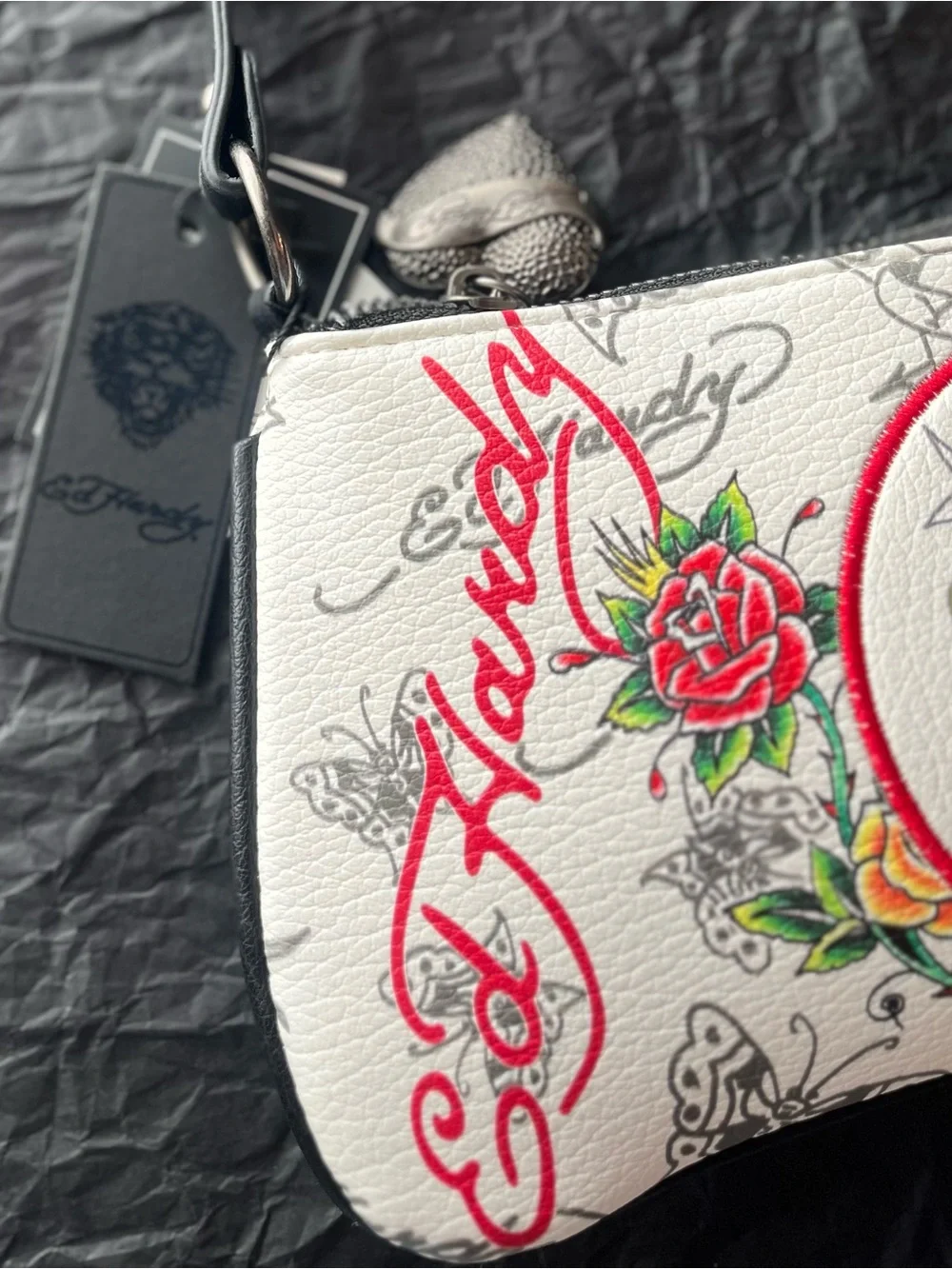 Ed Hardy White Floral Love Kills Tattoo-Print Shoulder Bag w/ Black Handle NWT